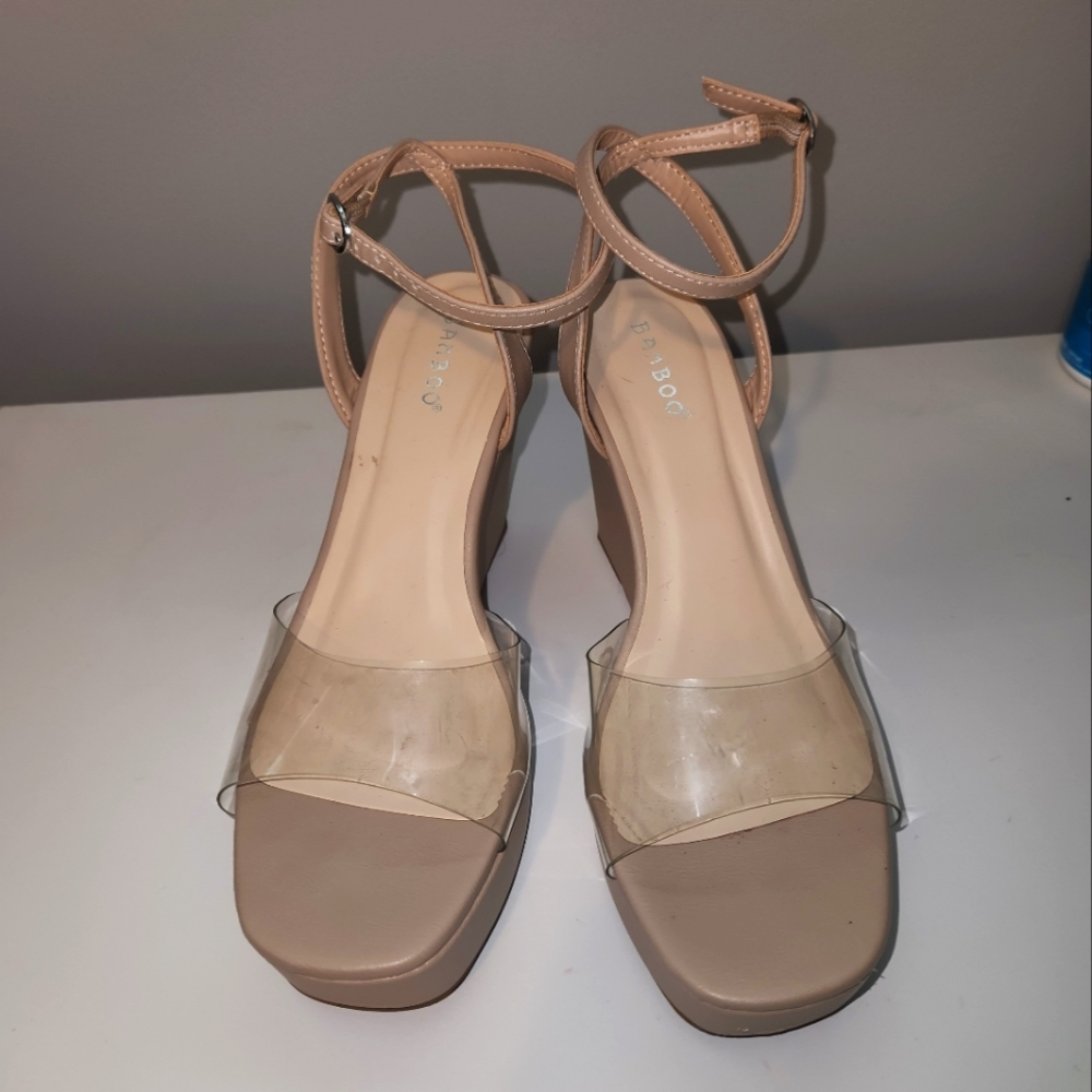Nude, ankle strap wedges w/ clear strap